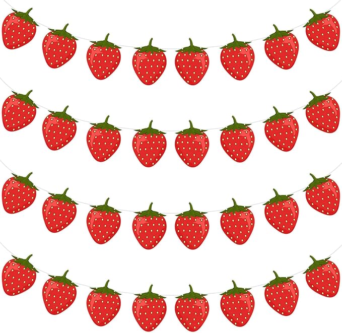 Lewtemi 4 Packs Strawberry Garland Decoration, Strawberry Party Supplies for Berry First Birthday, Baby Shower, Summer Picnic, Fruit Theme Party, Hanging Banner for Wall, Table, Photo Booth(Red)