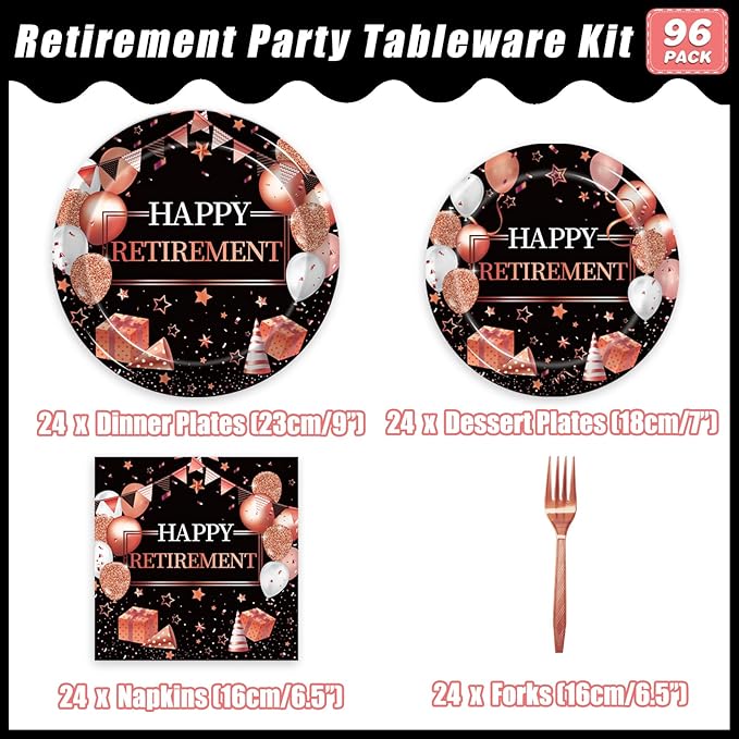 96 Pcs Retirement Party Plates and Napkins Set, Rose Gold Happy Retirement Party Supplies Decorations for Women Going Away Party Disposable Dinnerware Set, Serves 24