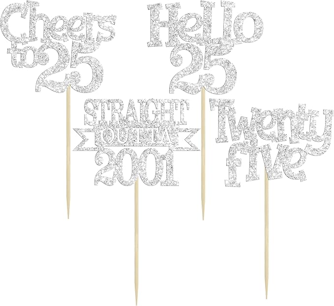 Ephlyn 24Pcs 25th Birthday Cupcake Toppers Glitter Straight Outta 2001 Cupcake Picks Hello 25 Cheers to 25 Years Cake Decorations for 25th Birthday Anniversary Party Decorations Supplies Silver