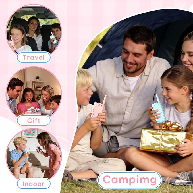 Video Walkie Talkies for Kids, 2 Pack Rechargeable Walkie Talkies with Screen,Long Range 2 Way Radio with 4 Voice Effects, Outdoor Adventure Camping Hiking, Birthday with Pink Blue Design