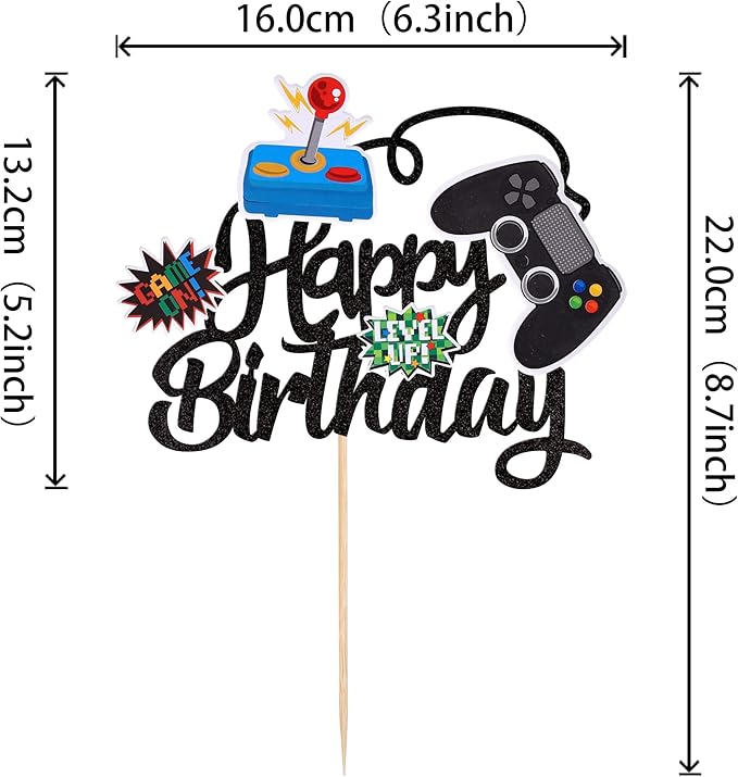 1 PCS Video Game Happy Birthday Cake Topper Glitter Video Game Cake Pick Game On Controllers GamePad Cake Decoration for Game Theme Baby Shower Kids Boys Girls Birthday Party Supplies Black