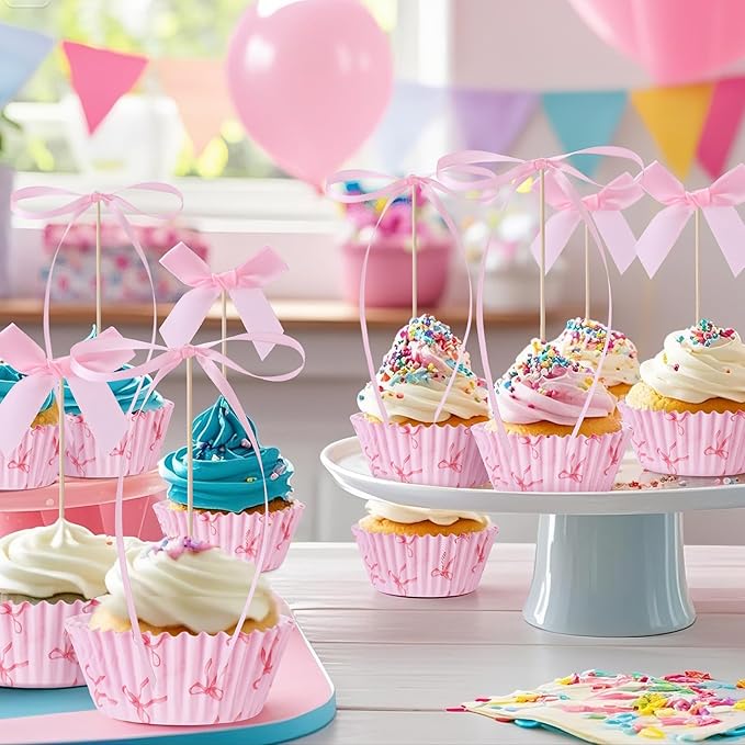 81 Pcs Pink Bow Cupcake Liners Set 50 Pink Bow Cupcake Liners and 31 Bowknot Ribbons Cake Toppers Coquette Birthday Cake Decorations for Bachelorette Bridal Baby Shower Birthday Wedding Party Supplies