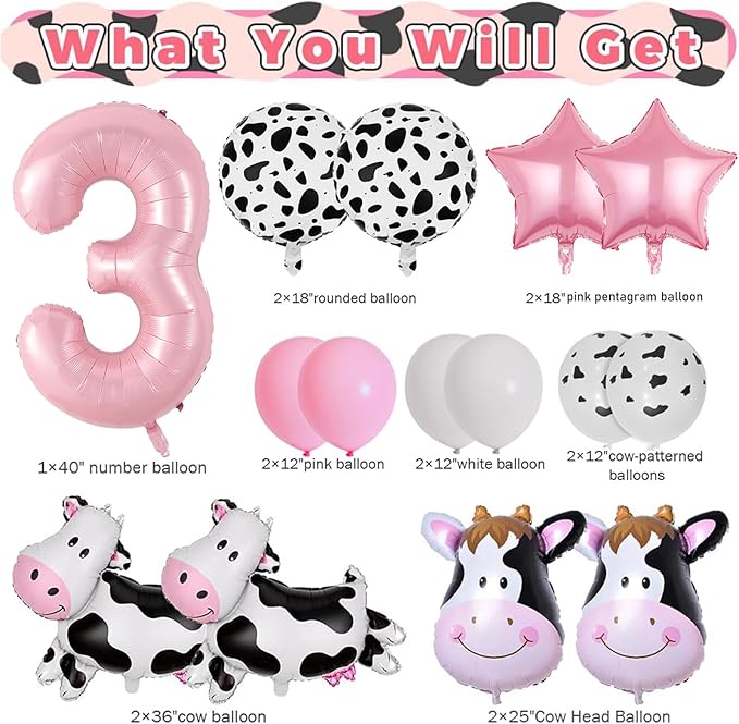 Cow Balloons, Holy Cow Im Three Birthday Decorations Girl Cow Print Balloons 3rd Birthday Party for Cow Farm Animal Theme Cowgirl First Birthday Party Supplies
