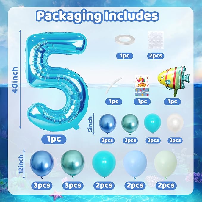 40 Inch Number 5 Balloon Blue Ocean Under the Sea Number Five Foil Balloons Tower with Shark Bubble Fish for Boys 5th Birthday Party Decor Blue Green Underwater Digital Aluminum Balloons Stack