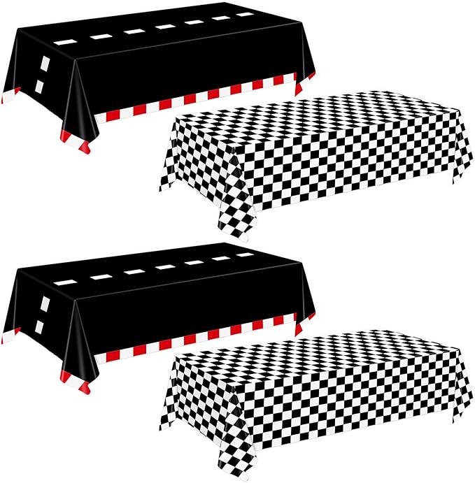 Oigco 4 Pack Racing Car Tablecloth - Race Car Birthday Party Decorations Racetrack Rectangular Tablecloth - Checkered Table Cover for Two Fast Birthday Decor, 54 x 108 Inch