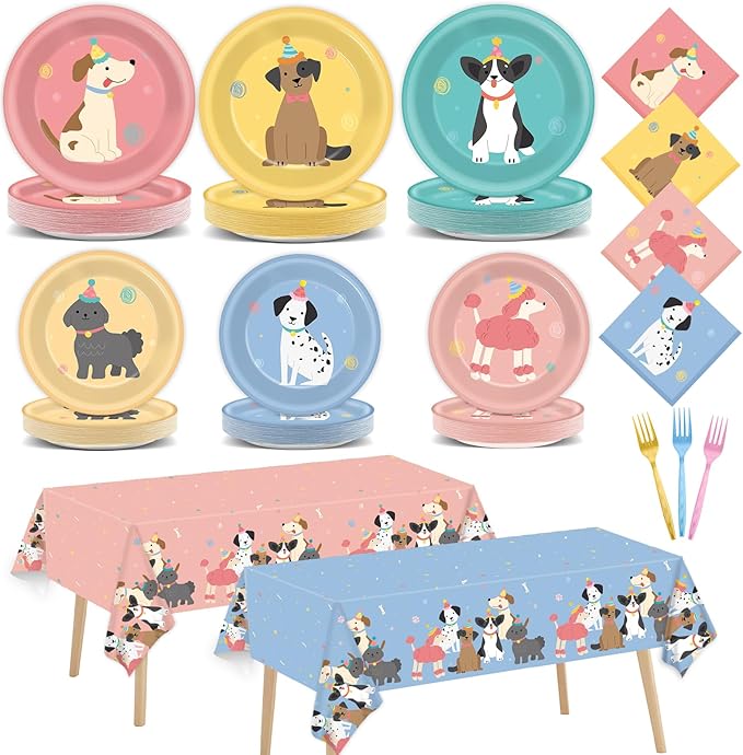 98Pcs Pet Dog Birthday Party Supplies Retro Puppy Themed Paper Plates Napkins Puppy Party Tableware Tablecloth Disposable Pet Dog Decorations Dinnerware for Kids Birthday Baby Shower Table Decor