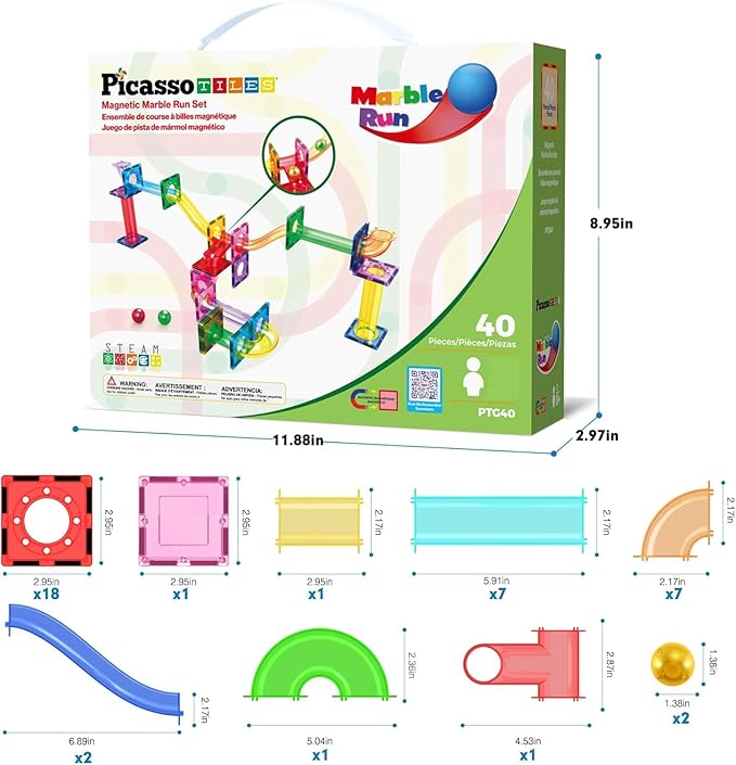 PicassoTiles Magnetic Tiles Marble Run Building Blocks Rainbow Color with Slide Drop Funnels Tubes STEM Educational Toy Set Compatible Durable Construction Kit for Kids Age 3+ Preschool Learning PTG40