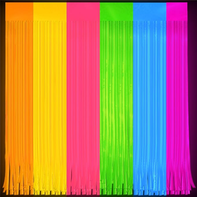 Glow in The Dark Curtains Party Supplies 6.6 x 3.3 Ft Glow Tinsel Foil Fringe Curtains Colorful Patchwork Streamer Backdrop for Birthday Holiday Neon Party Decorations