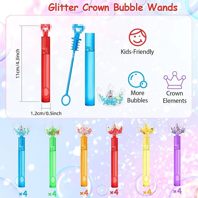 AFZMON 24Pcs Glitter Princess Bubble Wands for Kids, Crown Party Favors Mini Bubbles Birthday Gift Toy Goodie Bag Stuffers Classroom Prizes Wedding Party Supplies