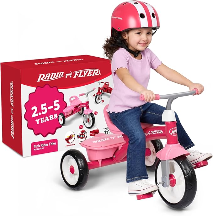 Radio Flyer Pink Rider Trike, Ages 2.5-5, Adjustable Seat, Steel Construction, Quiet Ride Wheels, Storage Bin, Comfort Grip Handlebars, Tricycle for Toddlers, Amazon Exclusive