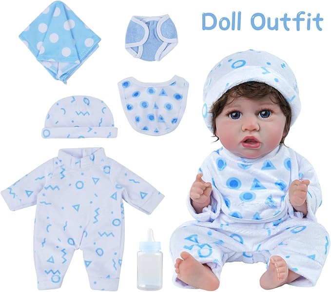 BABESIDE 8 Pcs Baby Doll Clothes Set with Bassinet for 8-10-12 Inch Dolls, Cute Baby Doll Clothes and Accessories Set for Realistic Babydolls Boy, Blue
