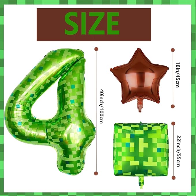 5Pcs Green Pixel Miner Number 4 Foil Balloon Set 40 Inch Large Mylar Mining Theme 4th Number Balloons Pixel Cubes Boxes Video Game Birthday Party Decorations
