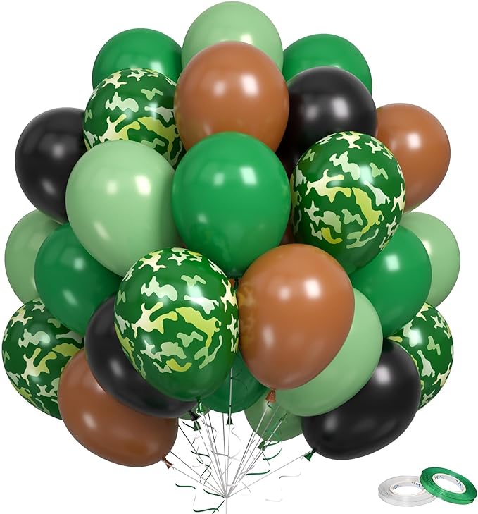 Green Brown Black Balloons, 50Pcs 12 Inches Dark Avocado Green Black Brown Camouflage Balloons for Kids Boys Dinosaur Theme Birthday Hunting Camo Adventure Theme Party Baby Shower Decorations