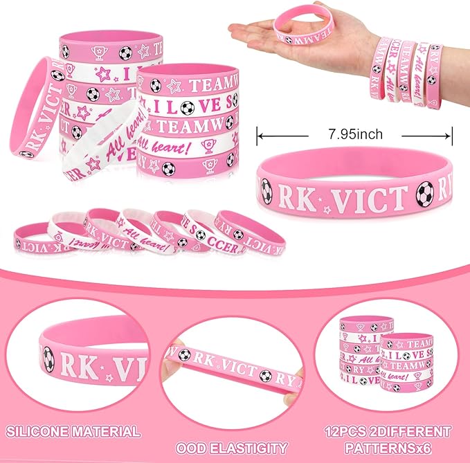 36 Pcs Pink Soccer Party Favors, Soccer Team Gifts for Girls Set Includes 12 Drawstring Goodie Bags, 12 Motivational Bracelets, 12 Keychains, Sports Birthday Party Supplies Decorations for Women