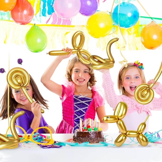 100Pcs 260 Balloons Metallic Gold Long Balloons for balloon animals, Gold Skinny Latex Twisting Balloon for Animals Modeling Christmas Birthday Wedding Party Decorations. (Gold)