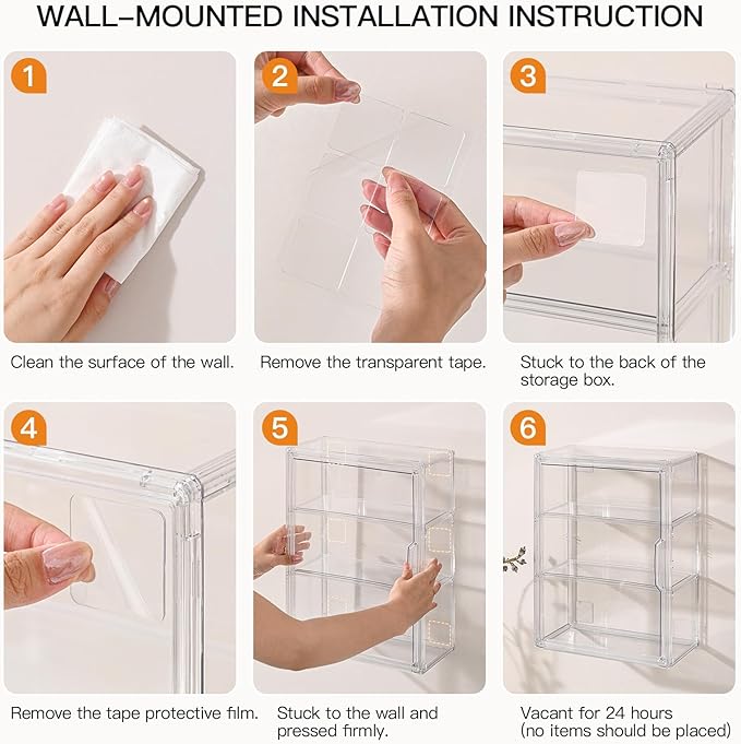 4 Pack 3 Tier Clear Display Case for Figures, Wall-Mounted Acrylic Storage Organizer Box, Stackable Display Cabinet with Magnetic Door & Removable Shelves, Showcase for Collectibles, Figures