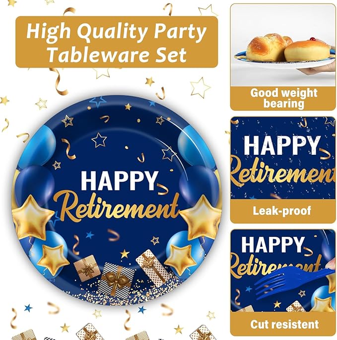 96 Pcs Retirement Party Supplies Paper Plates Napkins Blue Gold Happy Retirement Party Tableware Decorations Favors for Men Women Decor Serves 24