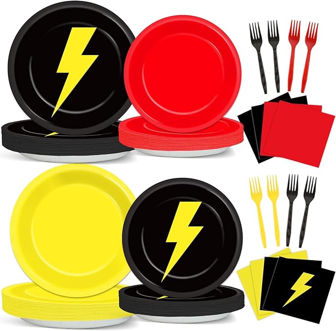 96PCS Red Black Yellow Birthday Party Decorations Cartoon Game Paper Plates Napkins Lightning Tableware Supplies Cartoon Animated Dinnerware for Birthday Table Party Favors