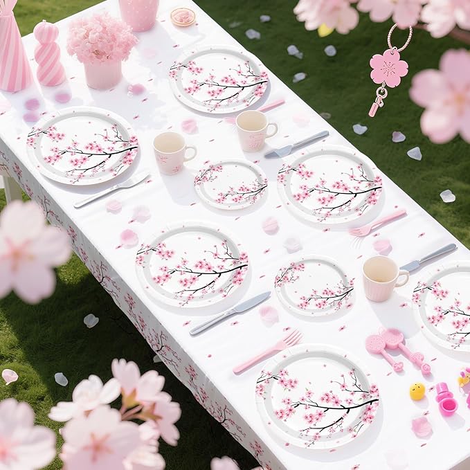 98Pcs Cherry Blossom Party Decorations Cherry Blossom Birthday Plates and Napkins Spring Pink Floral Tablecloth Tableware Set Decorations for Wedding Bridal Shower Retirement Party Supplies Serve 24