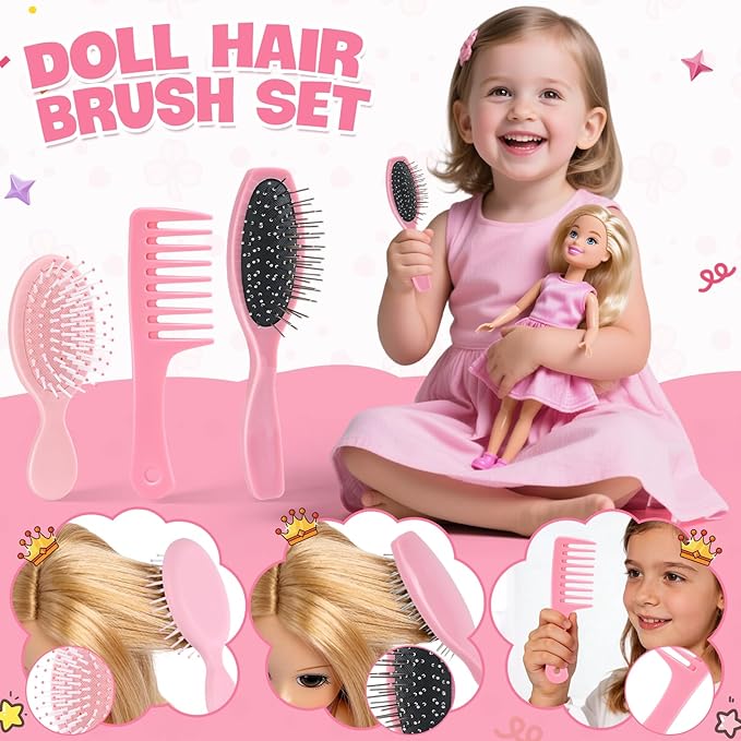 3 Pieces Doll Wig Brush Set with Wide-Tooth Comb, Steel Needle Brush and Nylon Brush, Styling Accessories for 18 Inch Dolls (Light Pink)