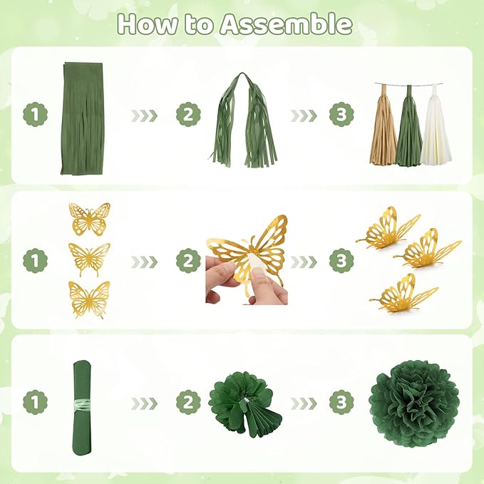 Sage Green Birthday Party Decorations for Women Girls, Green Olive Gold Sand White Confetti Foil Balloons Happy Birthday Banner Fringe Curtain Hanging Swirls Circle Dots Tassels Pompoms Party Supplies