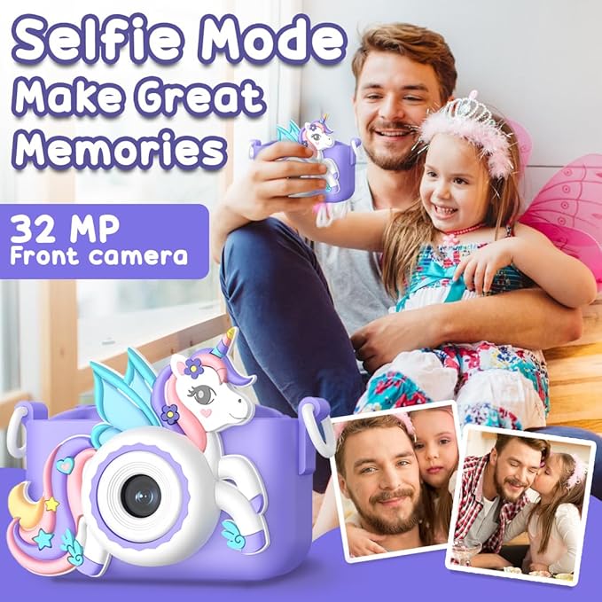 Wembley Kids Camera for Boys & Girls 3–8 Years | Digital Camera for Kids 1080P Selfie Video | Toddler Unicorn Camera Rechargeable with Games | 32GB Card | Silicone Cover | Birthday Gift - Purple