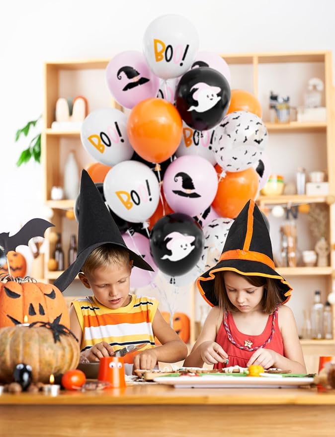Halloween Balloons,12 Inch Pink,Black,Orange,White Balloons,Hey Boo Balloon with Cute Ghost,Wizard Hat,Bat Design for Halloween Party Decorations,Birthday,Baby Shower-50Pcs