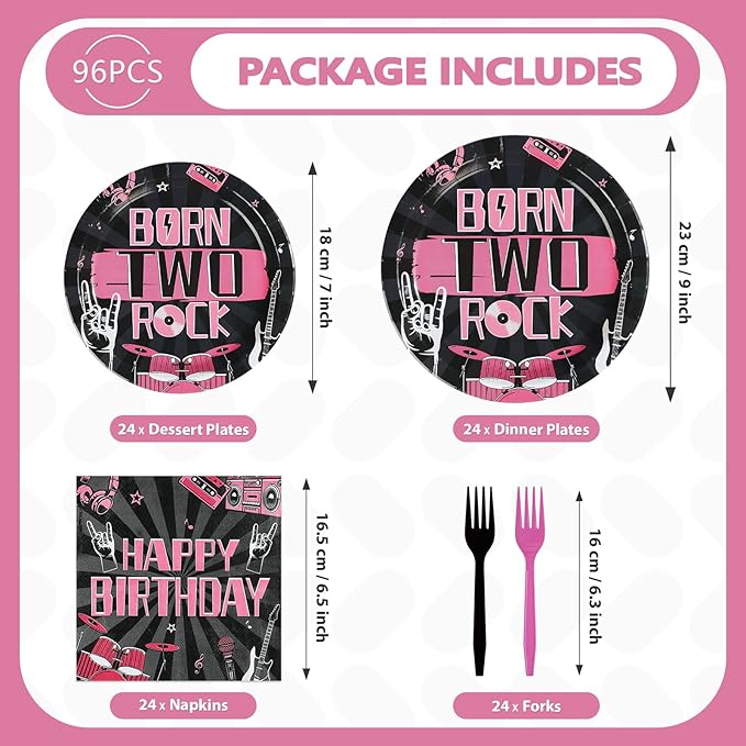 96Pcs Bad Two The Bone Birthday Decorations Rock and Roll 2nd Birthday Plates and Napkins Black Pink 2nd Tableware for 2 Years Old Rock Band Music Birthday Retro Bday Party Supplies Serves 24