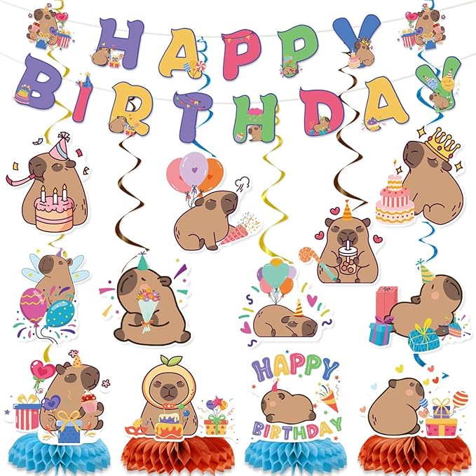 Capybara Birthday Party Decorations Include Capybara Happy Birthday Banners Hanging Swirls Honeycomb Centerpiece Cute Capy Bday Animals Decor Supplies