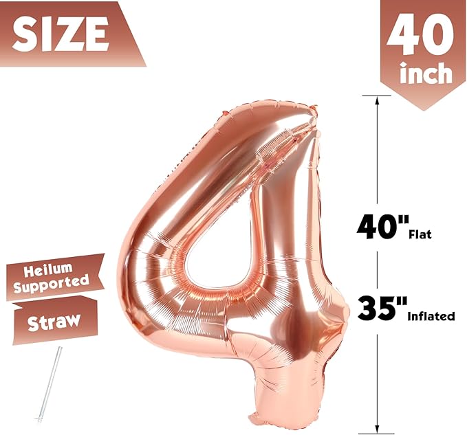 40 Inch Rose Gold Number 4 Balloon, Giant 4 Number Balloons for 4th Birthday Decorations, Party Supplies for Baby Boy Girl, Rose Gold Party Decor