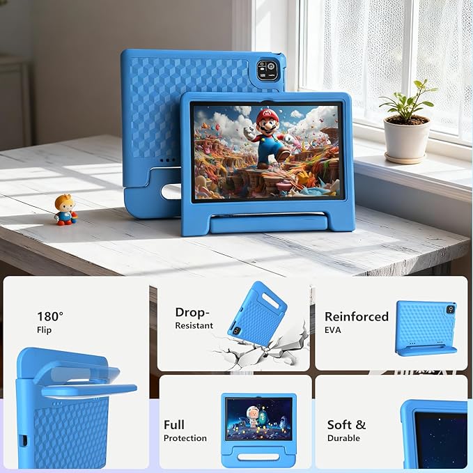 2025 Latest 10.1 inch Kids Tablet Android 15 Tablets for Kids with EVA Protective Case 8GB RAM 64GB Storage Toddler Tablet, Parental Controls, 12-hr Battery, WiFi, GPS, Blue
