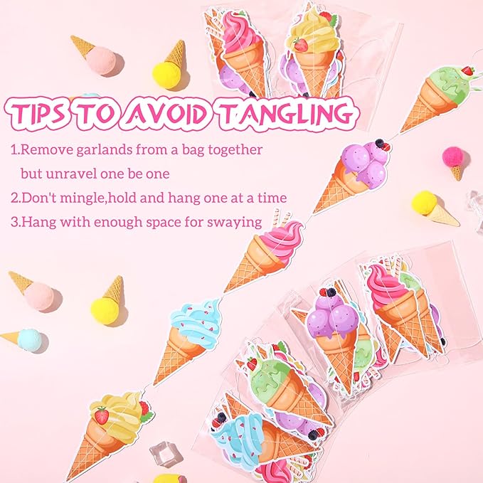 Duraaamo 8 Pack Ice Cream Party Banner Decorations Ice Cream Paper Garland Birthday Paper Hanging Cutouts for Theme Birthday Gender Reveal Party Supplies Decoration