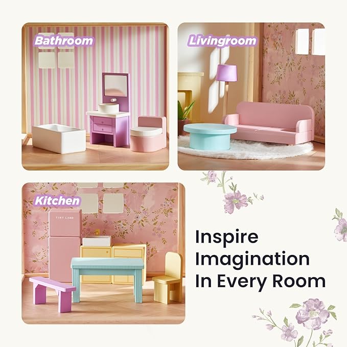 Tiny Land Wooden Dollhouse for Girls - 6 Rooms Wooden Doll House, DIY Pretend Doll House with 31Pcs Furniture Accessories, Creative Gift for Girl Ages 3+ (Unicorn Purple)