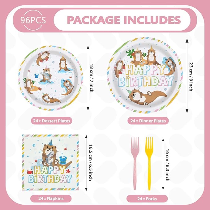 96Pcs Happy Birthday Decorations Otter Birthday Plates and Napkins Under the Sea Otter Decoration Favors for Kids Beach Ocean Animal Themed Bday Baby Shower Party Supplies Serves 24