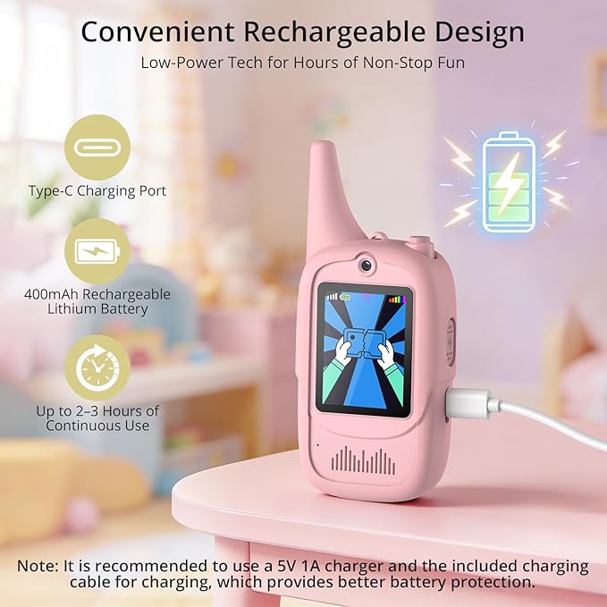 Anbte Video Walkie Talkies for Kids with Cute Silicone Case, 2 Pack Rechargeable Two Way Radios Toys for Boys Girls Age 3-8, Easy to Use, for Family Game Outside Camping Indoor Outdoor, Pink