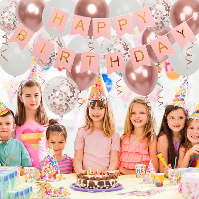 Happy Birthday Banner, Rose Gold Birthday Decoration, 16 pcs 12 inch Balloons with 2 Ribbons for Girl and Women Party Decoration
