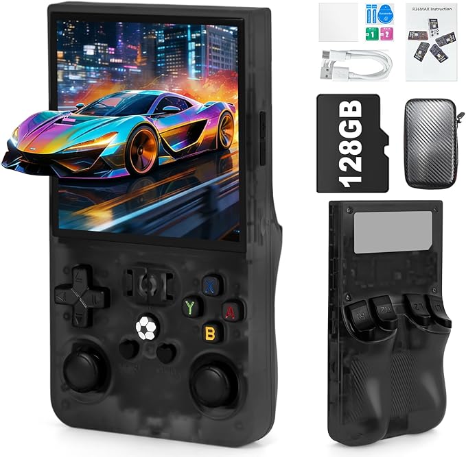 R36MAX Handheld Game Console - 4.0-Inch Screen, Support 22000+Classic Games,128G TF Card,Portable Console with Open Source System,4000mAh Battery,Birthday Gift for Adult or Partner - Black