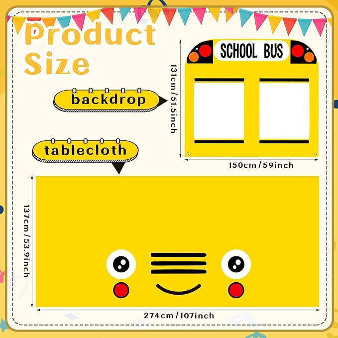 Cumule 2 Pcs School Bus Party Decorations First Day of School Backdrop and Tablecloth Washable Washable School Bus Polyester Tablecover for Back to School Day Graduation Party Favor