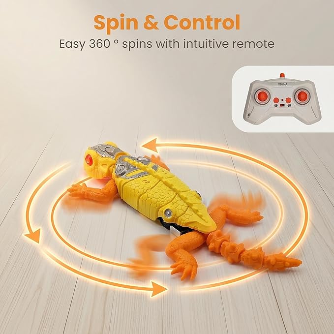 RC Wall Climbing Gecko, 360° Spin Zero Gravity Stunt Robot, Rechargeable Remote Control Lizard with LED Eyes, Dual Mode Floor & Ceiling Racer, Scary Prank Toy Gifts for Boys & Girls Ages 4-12 (Yellow)