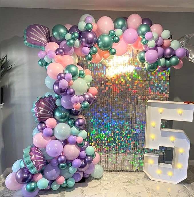 1st Mermaid Birthday Decorations for Girls,First Party Decorations Metallic Purple Green Pink Blue Latex Balloons Number 1 Seashell Foil Balloons Banner Cake Topper Sea Party Decor