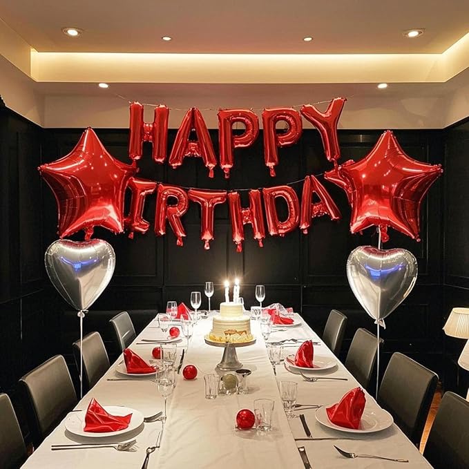 27 Pcs Red Silver Birthday Decorations, Red Happy Birthday Letters Balloon Banner 3D, Pentagram Heart Foil Balloons Confetti Balloons Kit For Boys Girls Party Supplies