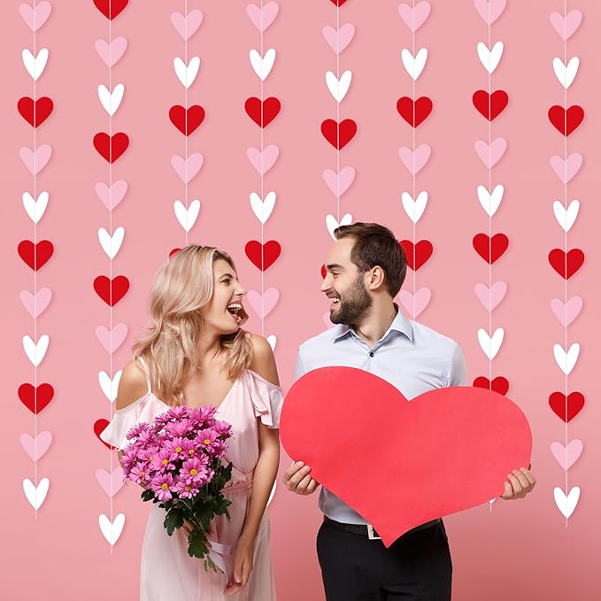Capoda 8 Pcs Valentine's Day Garland Decorations Red Pink White Heart Garland Banners Solid Outlined Romantic Hearts Hanging Banners for Sweet Day Birthday Wedding Anniversary Party Supplies