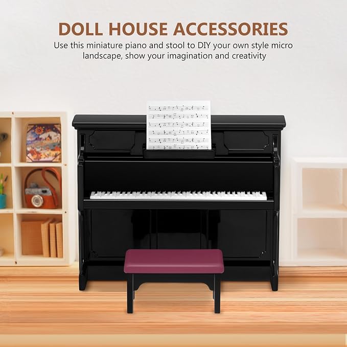 HEALLILY Mini Dollhouse Piano: Black Plastic Dollhouse Piano and Stool Set with Music Sheet for Scene Shooting Props Doll House Decoration, 3.58 X 2.75 X 1.45 Inches