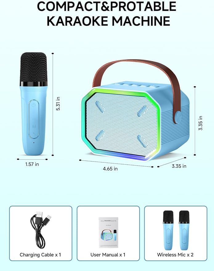 Karaoke Machine for Kids and Adults, Mini Portable Bluetooth Speaker with 2 Wireless Microphones, Led Lights for TV, Kids Gifts for Girls Boys Family Party Birthday (Blue)