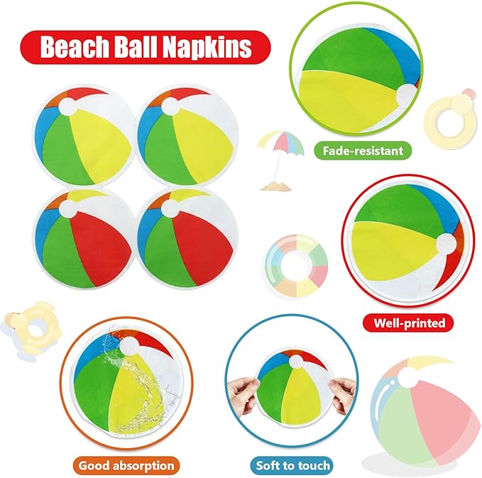 100Pcs Beach Party Napkins, Disposable Pool Napkins, Round Beach Ball Party Decorations for Kids Birthday Hawaiian Summer Pool Party Supplies, 13 x 13 Inches