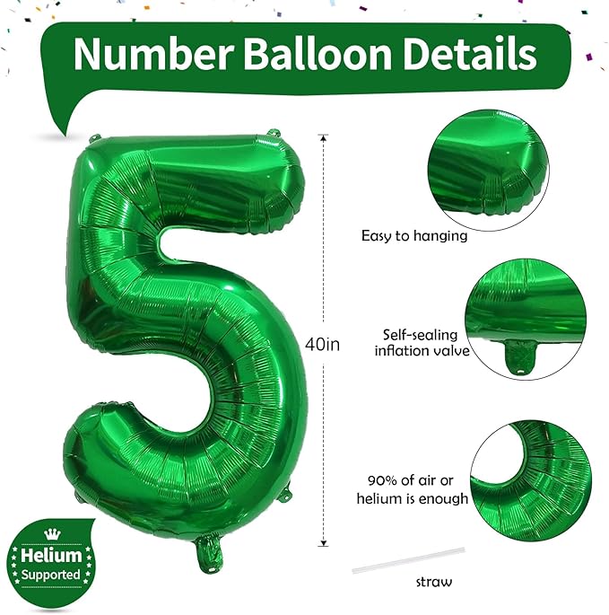 40 Inch Dark Green 5 Number Balloons, Large Foil Self Inflating 5th Birthday Number Balloon, 0-9 Set Number Ballons for Girls Men 25th 35th Birtyday Party Anniversary Jungle Decorations Supplies
