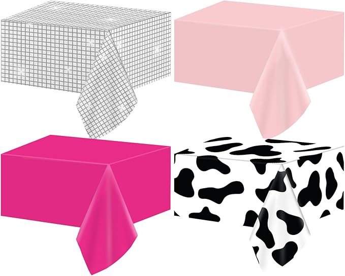 CHUNNIN 4PCS Disco Cowgirl Party Decorations Pink Cowgirl Tablecloth Cow Print Western Party Supplies Pink Disco Ball Plastic Table Cover Disposable for Girls Birthday Bachelorette 80s 90s Favors