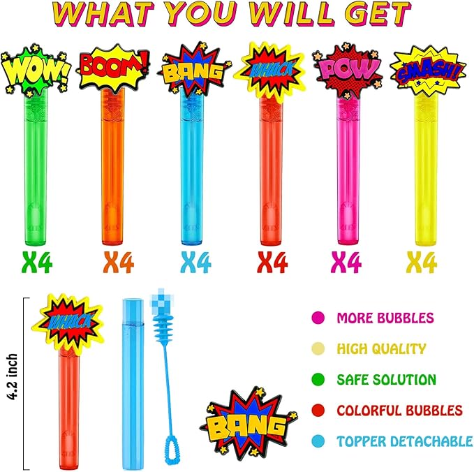 Superhero Party Favors,24Pcs Hero Word Bubble Wands for Kids,Cool Bubble Wand for Superhero Party Supplies,Classroom Prizes Pinata Goodie Bag Stuffers Gift