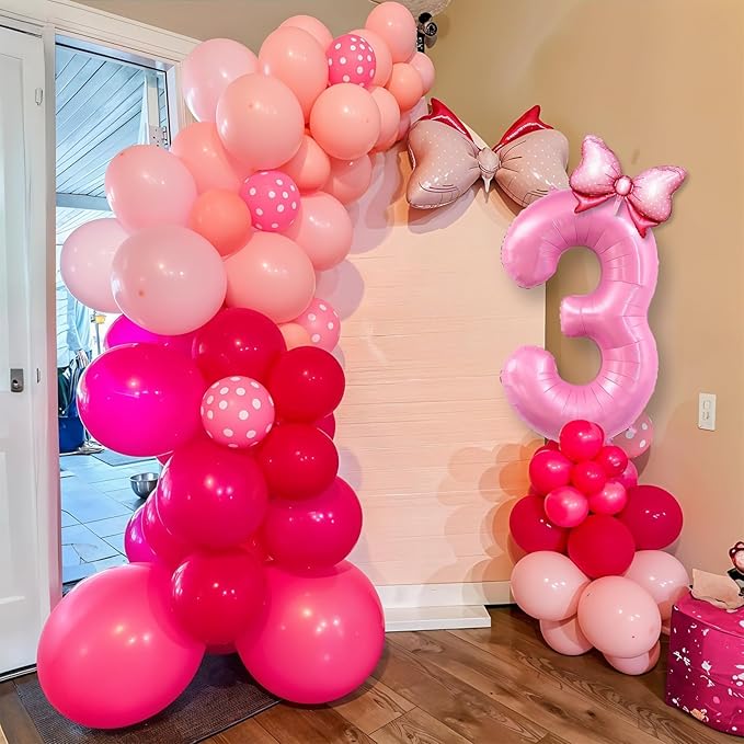 Pink 3rd Birthday Balloons Decorations, Hot Pink Rose Polka Dots Balloon Arch Kit, Huge Bow Foil Balloons, pink Number 3 Balloon Tower for Baby Shower Girls Princess 3rd Theme Party