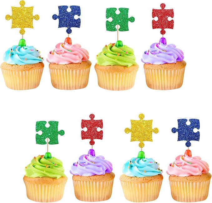 24pcs Puzzle Cupcake Toppers, Primary Colored Puzzle Cupcake Toppers, Colorful Glitter Puzzle Cake Decoration for Baby Shower, Kids Birthday/Autism Themed Party Supplies